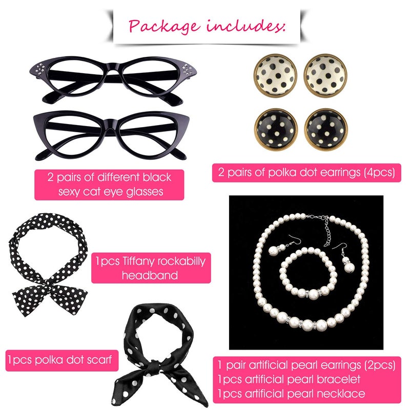 TUPARKA 12 Pcs 50's Costume Accessories Set Includes Chiffon Scarf Cat Eye Glasses Bandana Tie Headband Earrings Artificial Pearl Bracelet and Necklace - Image 5